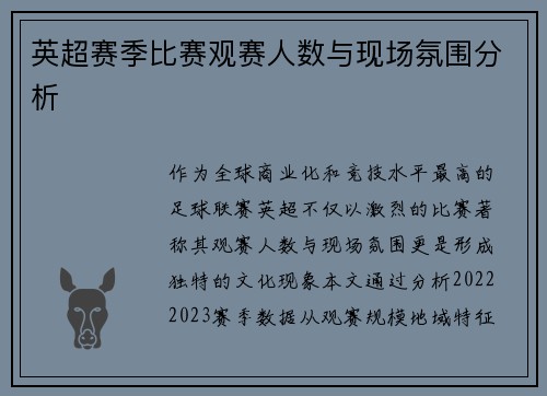 英超赛季比赛观赛人数与现场氛围分析